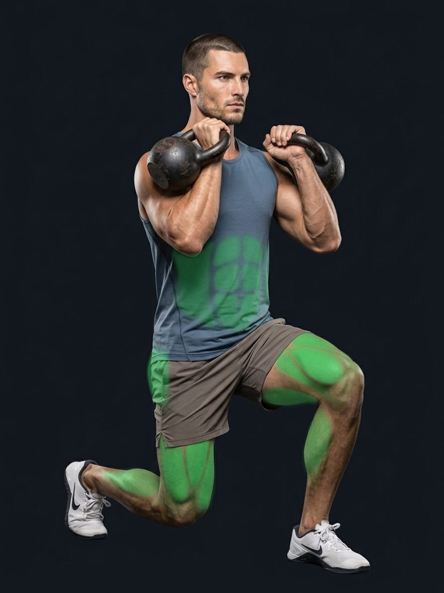 Affondo frontale con doppio kettlebell in posizione di rack