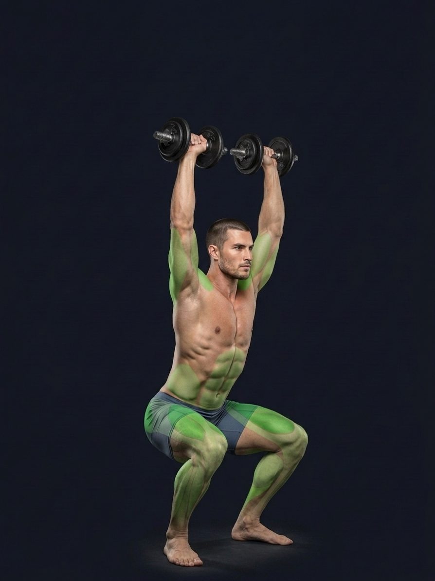 Squat con manubri sopra la testa